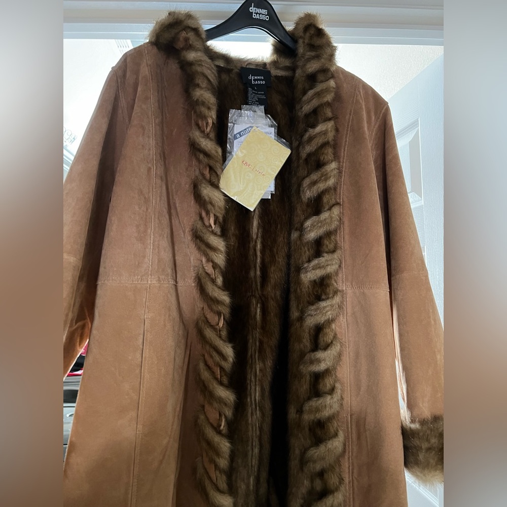 Dennis Basso genuine leather faux fur hooded coat